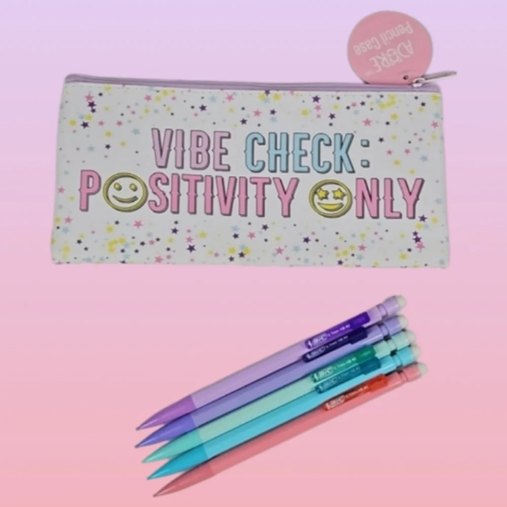 🩷 Pastel Pencil Case Set Vibe Check P😃SITIVITY ONLY Bic 0.7 Mechanical